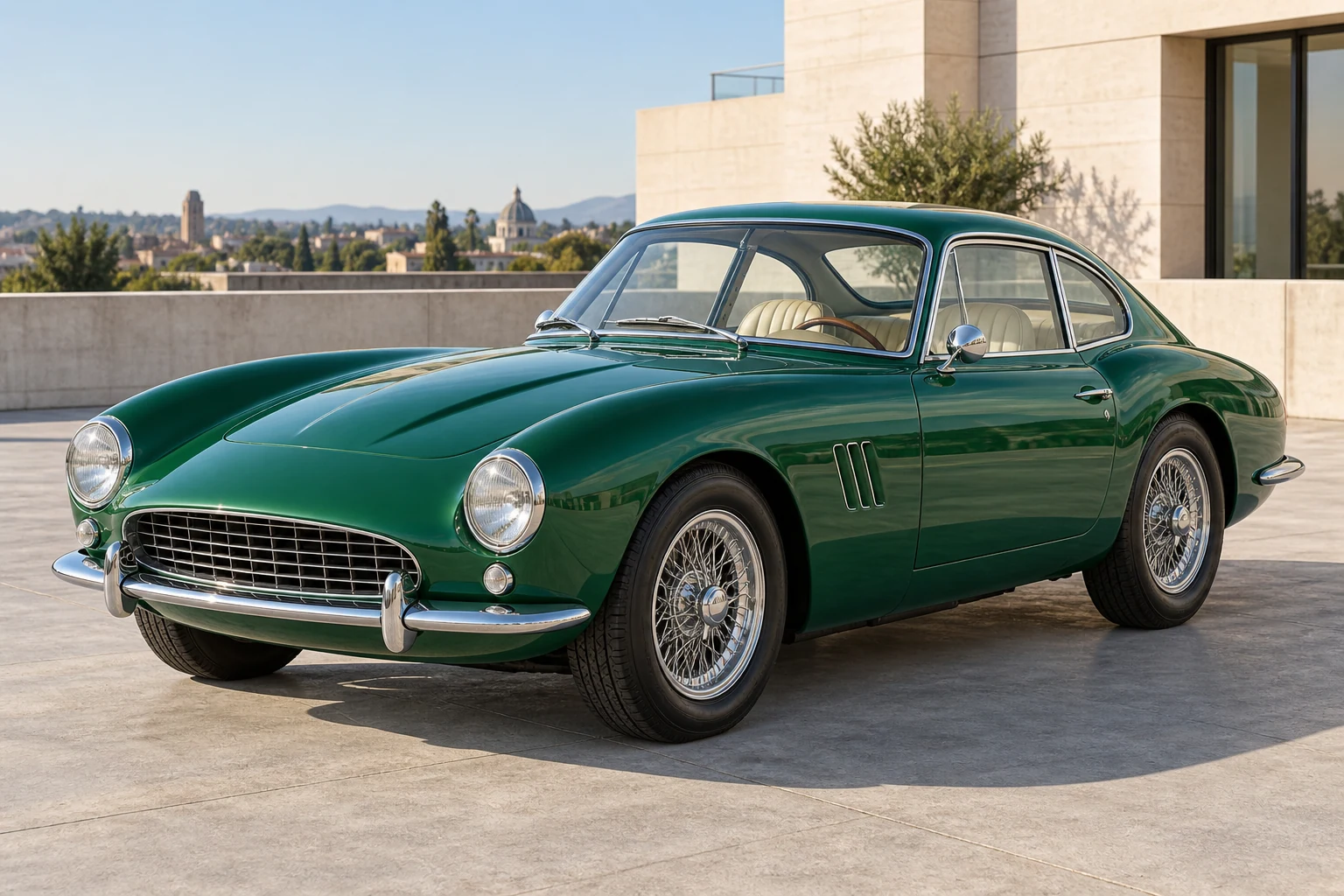 Emerald green coupe on a sunlit stone rooftop